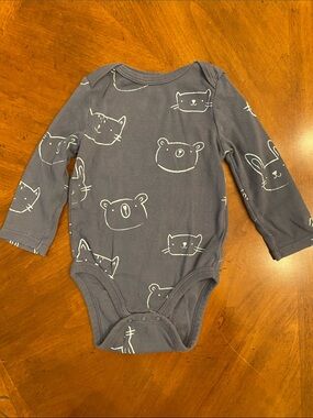 Long-Sleeve Blue Gray Baby One-Piece with Animal Faces